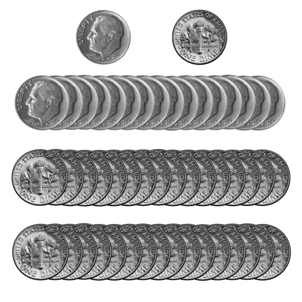 1969 -P Roosevelt Dime Roll BU Clad 50 US Coins