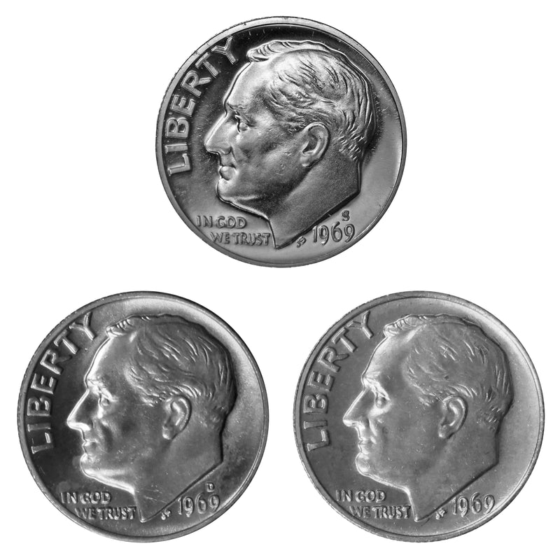1969 P D S Roosevelt Dime 10c Year set Proof & BU US 3 Coin lot