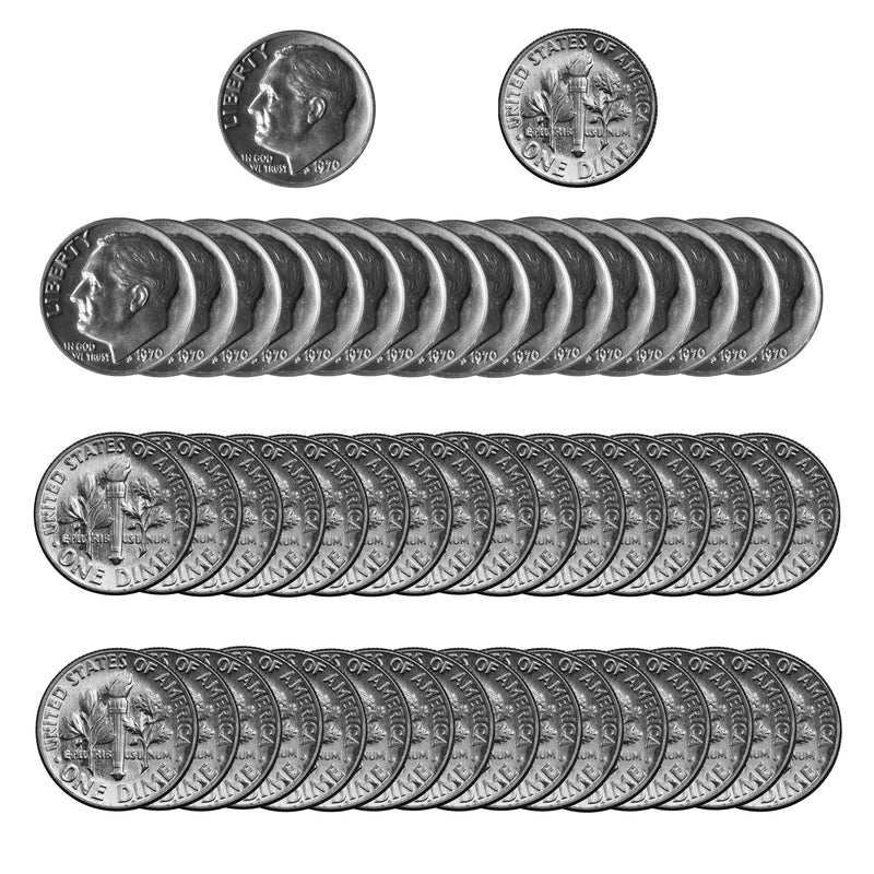 1970 -P Roosevelt Dime Roll BU Clad 50 US Coins