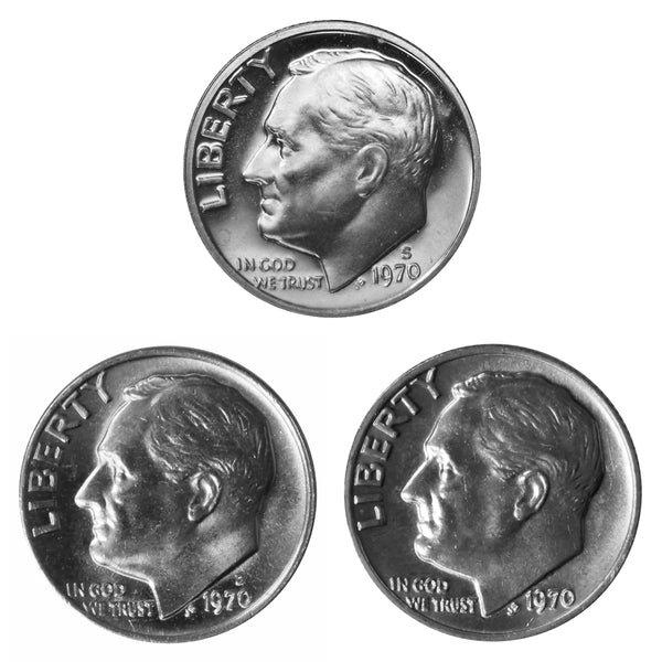 1970 P D S Roosevelt Dime 10c Year set Proof & BU US 3 Coin lot