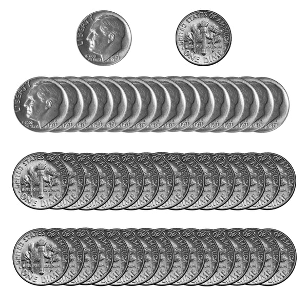 1971 -D Roosevelt Dime Roll BU Clad 50 US Coins