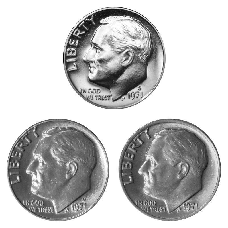 1971 P D S Roosevelt Dime 10c Year set Proof & BU US 3 Coin lot