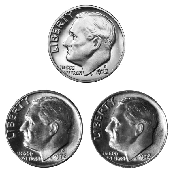 1972 P D S Roosevelt Dime 10c Year set Proof & BU US 3 Coin lot