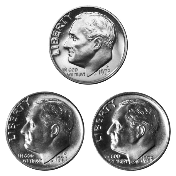 1973 P D S Roosevelt Dime 10c Year set Proof & BU US 3 Coin lot