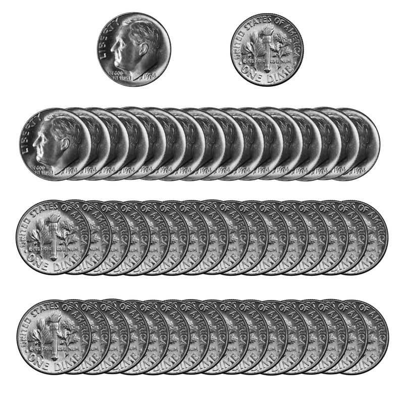 1974 -P Roosevelt Dime Roll BU Clad 50 US Coins