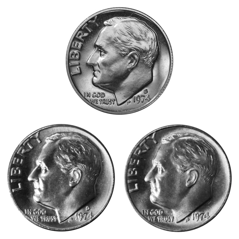1974 P D S Roosevelt Dime 10c Year set Proof & BU US 3 Coin lot