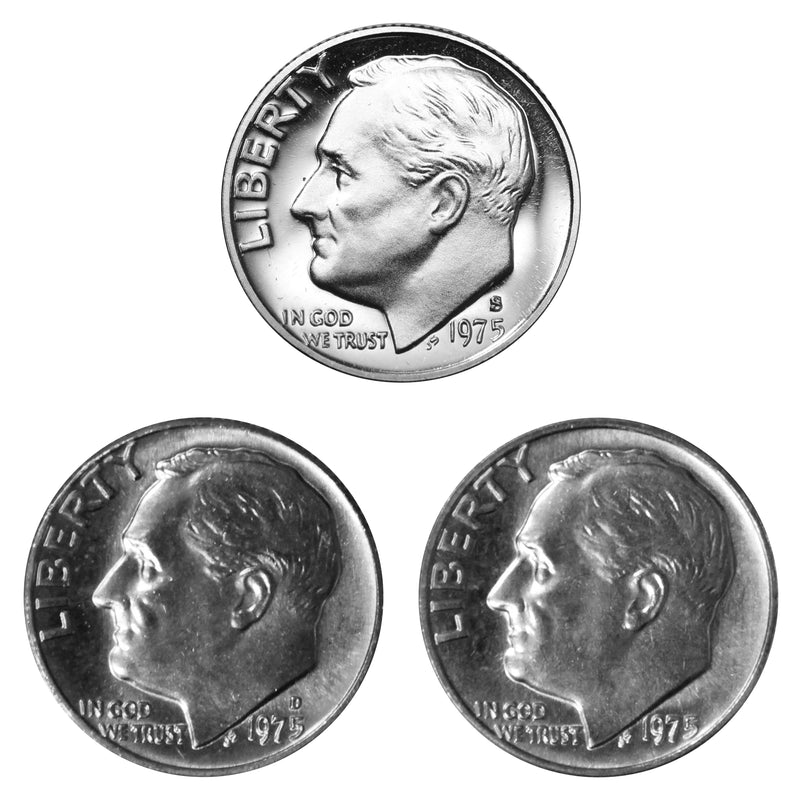 1975 P D S Roosevelt Dime 10c Year set Proof & BU US 3 Coin lot