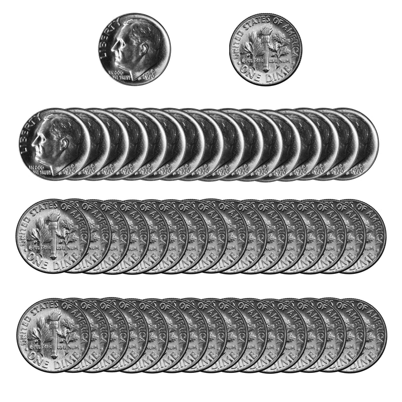 1976 -D Roosevelt Dime Roll BU Clad 50 US Coins