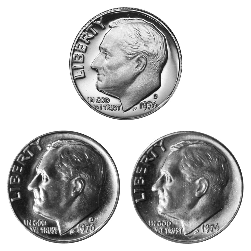 1976 P D S Roosevelt Dime 10c Year set Proof & BU US 3 Coin lot