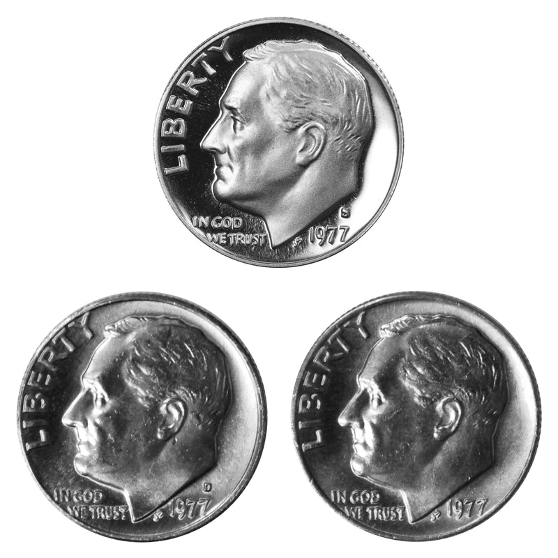 1977 P D S Roosevelt Dime 10c Year set Proof & BU US 3 Coin lot