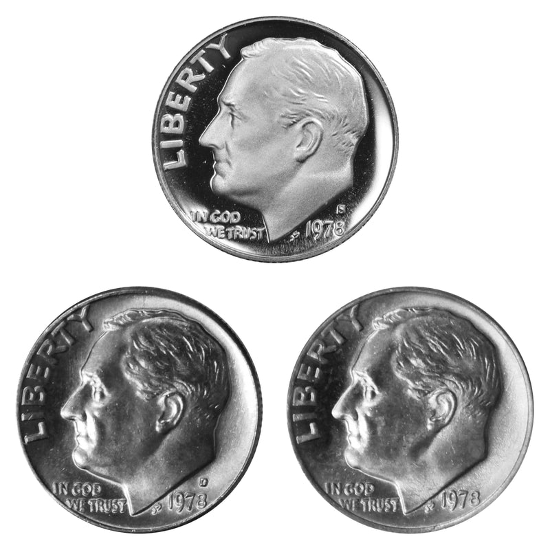 1978 P D S Roosevelt Dime 10c Year set Proof & BU US 3 Coin lot