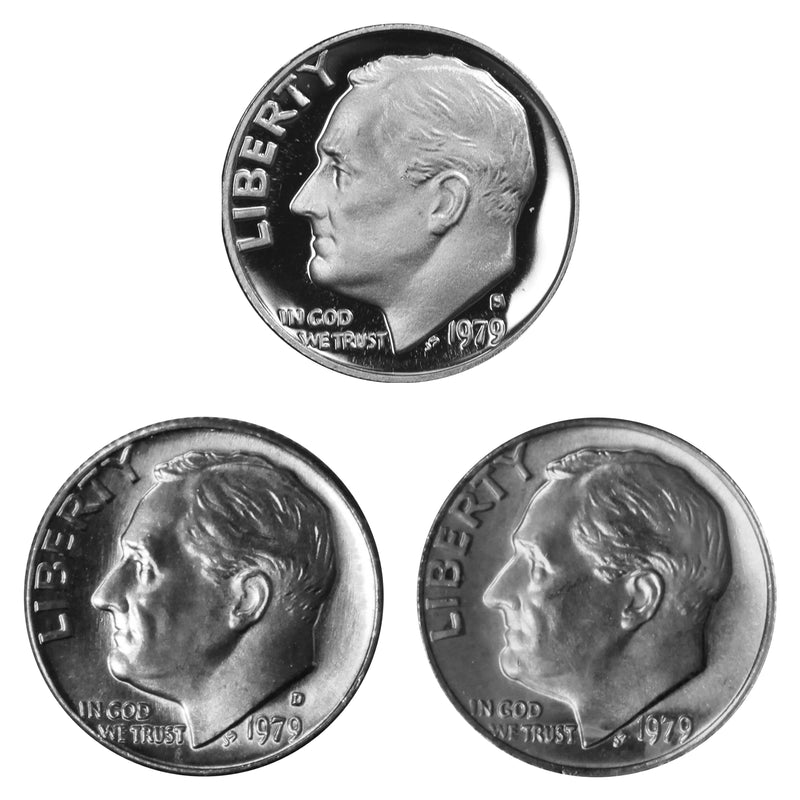 1979 P D S Roosevelt Dime 10c Year set Proof & BU US 3 Coin lot