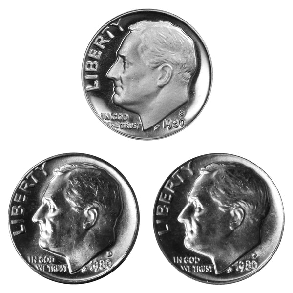 1980 P D S Roosevelt Dime 10c Year set Proof & BU US 3 Coin lot