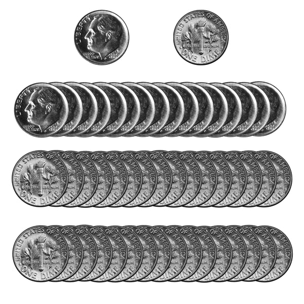 1981 -P Roosevelt Dime Roll BU Clad 50 US Coins
