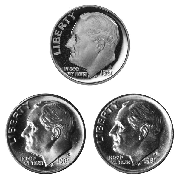 1981 P D S Roosevelt Dime 10c Year set Proof & BU US 3 Coin lot