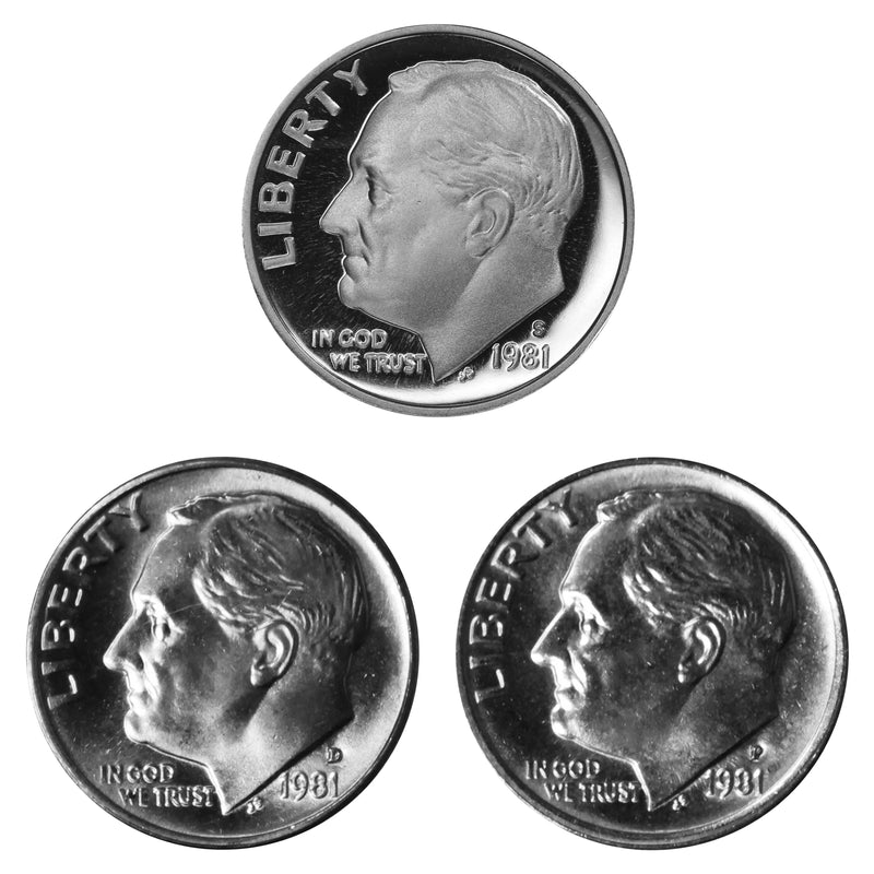 1981 P D S Roosevelt Dime 10c Year set Proof & BU US 3 Coin lot