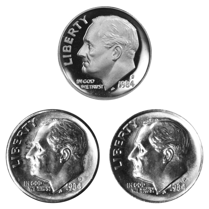 1984 P D S Roosevelt Dime 10c Year set Proof & BU US 3 Coin lot
