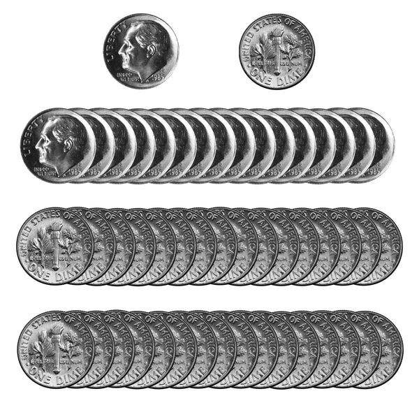 1985 -P Roosevelt Dime Roll BU Clad 50 US Coins