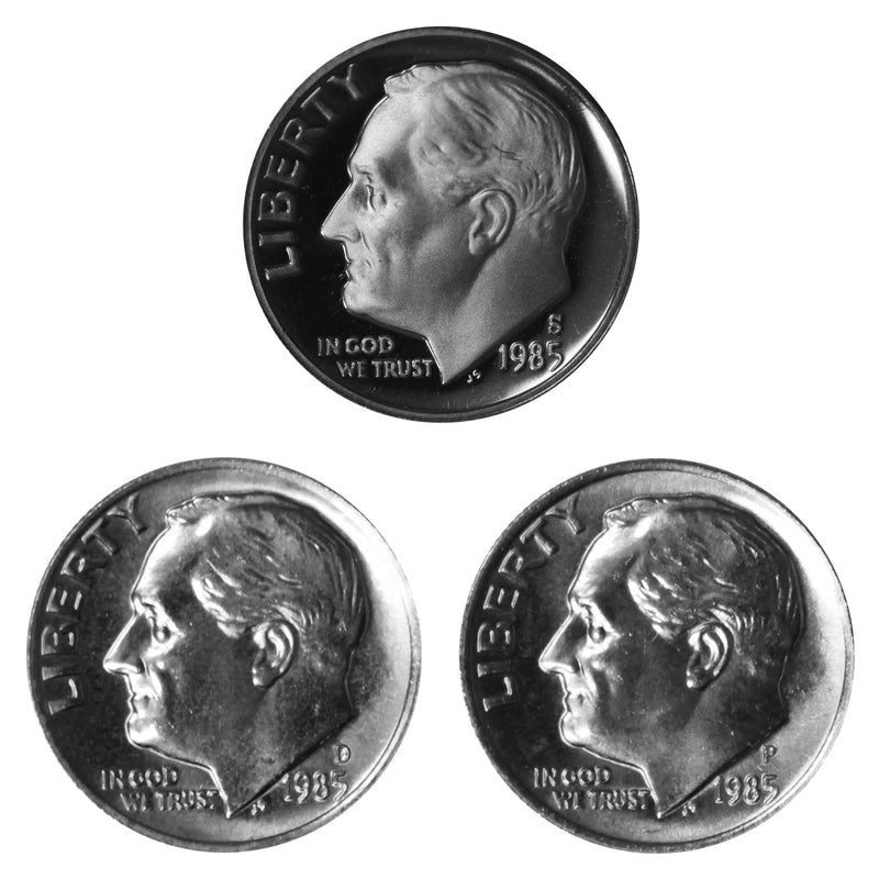1985 P D S Roosevelt Dime 10c Year set Proof & BU US 3 Coin lot