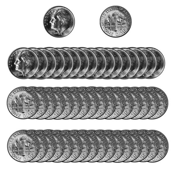 1986 -D Roosevelt Dime Roll BU Clad 50 US Coins