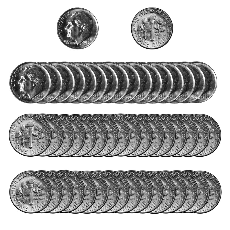 1986 -P Roosevelt Dime Roll BU Clad 50 US Coins