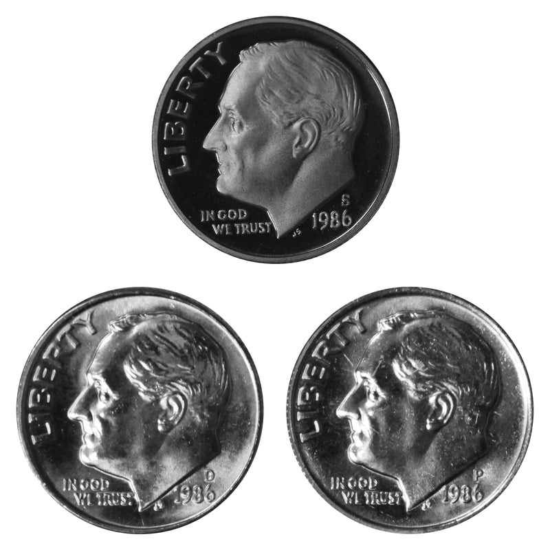 1986 P D S Roosevelt Dime 10c Year set Proof & BU US 3 Coin lot
