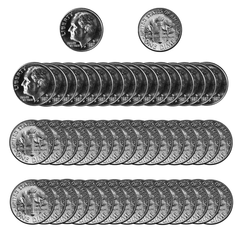 1987 -D Roosevelt Dime Roll BU Clad 50 US Coins