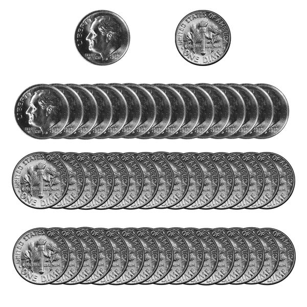 1987 -P Roosevelt Dime Roll BU Clad 50 US Coins