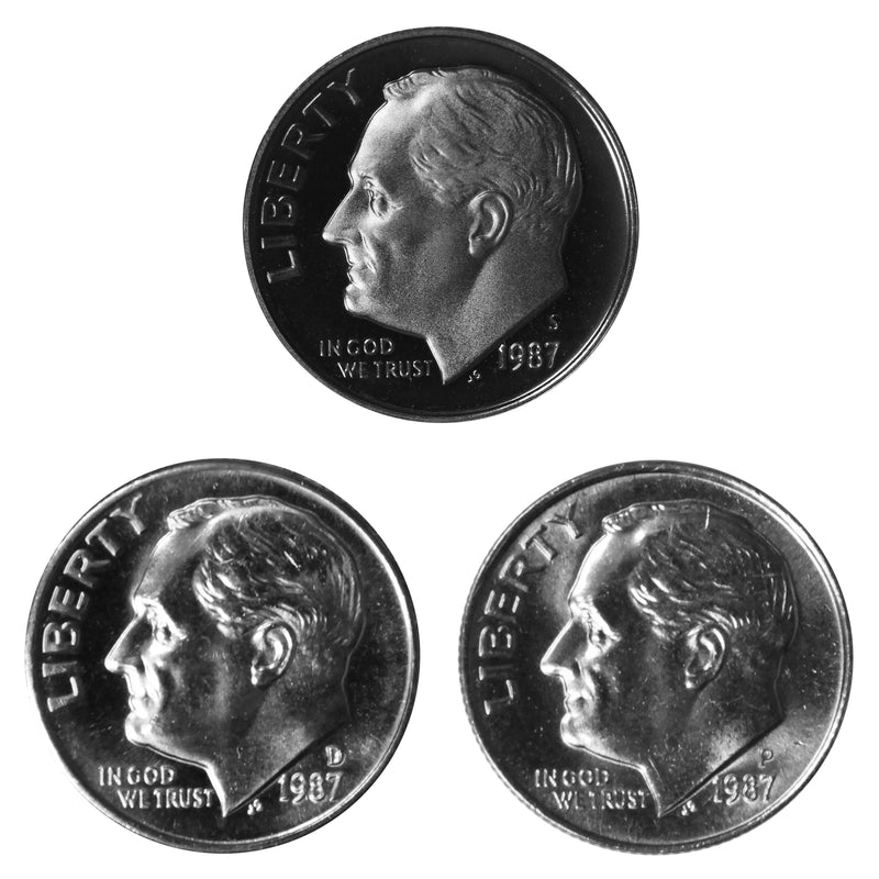 1987 P D S Roosevelt Dime 10c Year set Proof & BU US 3 Coin lot