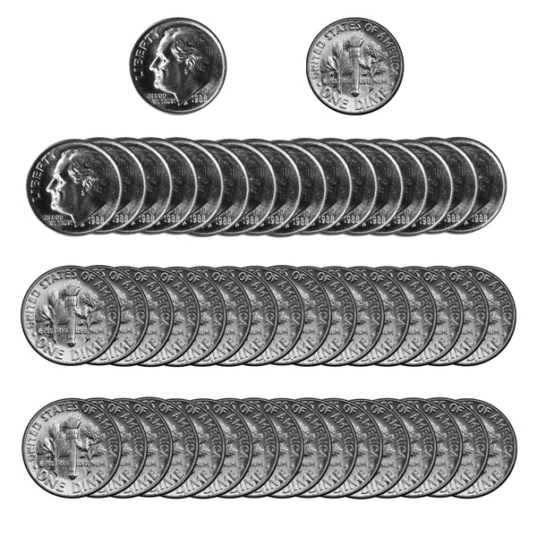 1988 -P Roosevelt Dime Roll BU Clad 50 US Coins