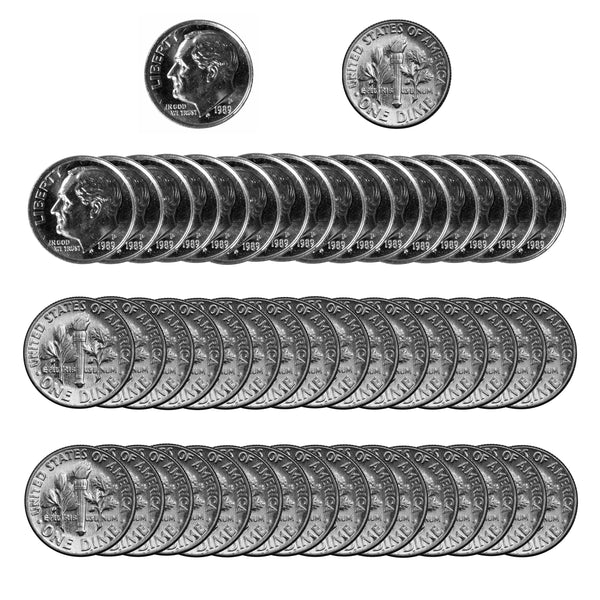 1989 -P Roosevelt Dime Roll BU Clad 50 US Coins