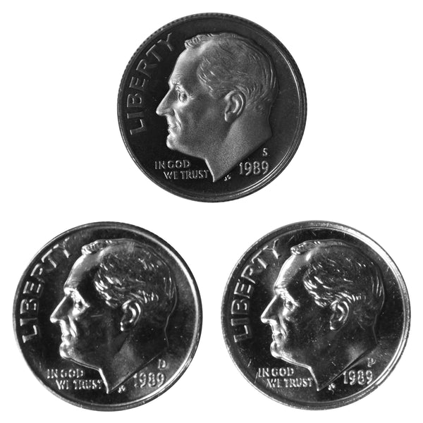 1989 P D S Roosevelt Dime 10c Year set Proof & BU US 3 Coin lot