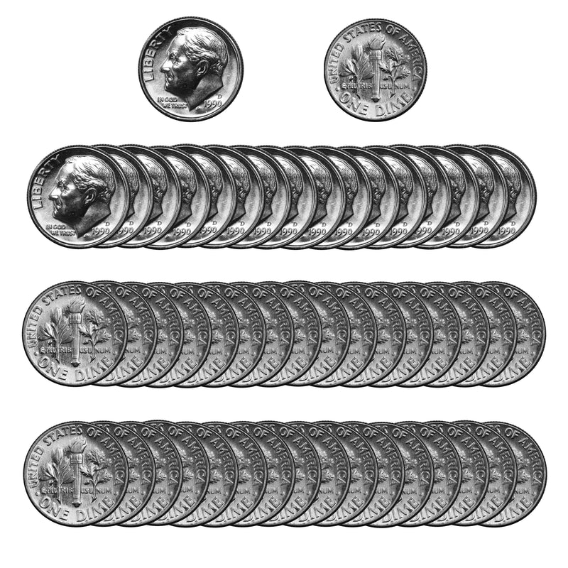 1990 -D Roosevelt Dime Roll BU Clad 50 US Coins