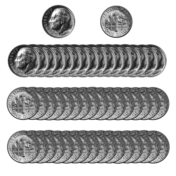 1990 -P Roosevelt Dime Roll BU Clad 50 US Coins
