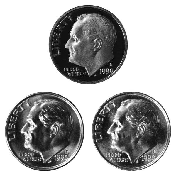 1990 P D S Roosevelt Dime 10c Year set Proof & BU US 3 Coin lot
