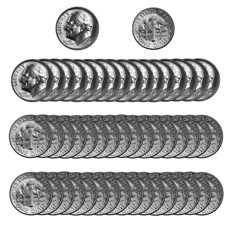1991 -D Roosevelt Dime Roll BU Clad 50 US Coins