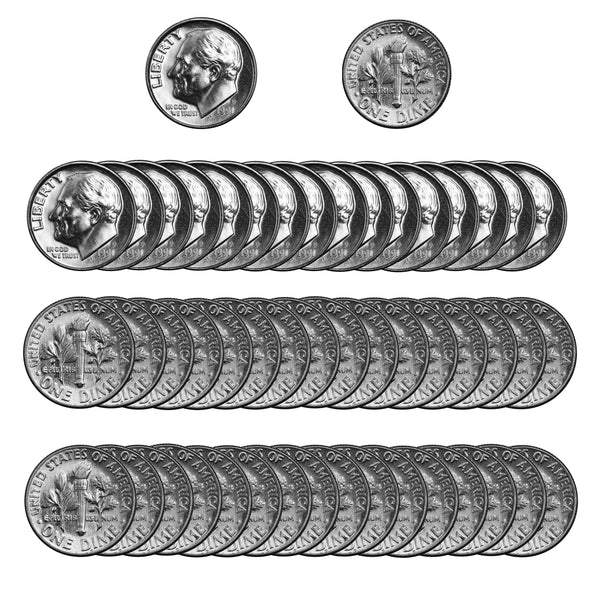 1991 -P Roosevelt Dime Roll BU Clad 50 US Coins