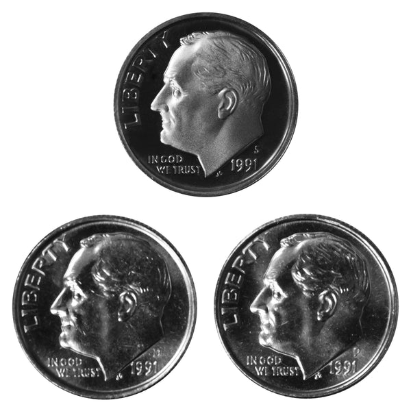 1991 P D S Roosevelt Dime 10c Year set Proof & BU US 3 Coin lot