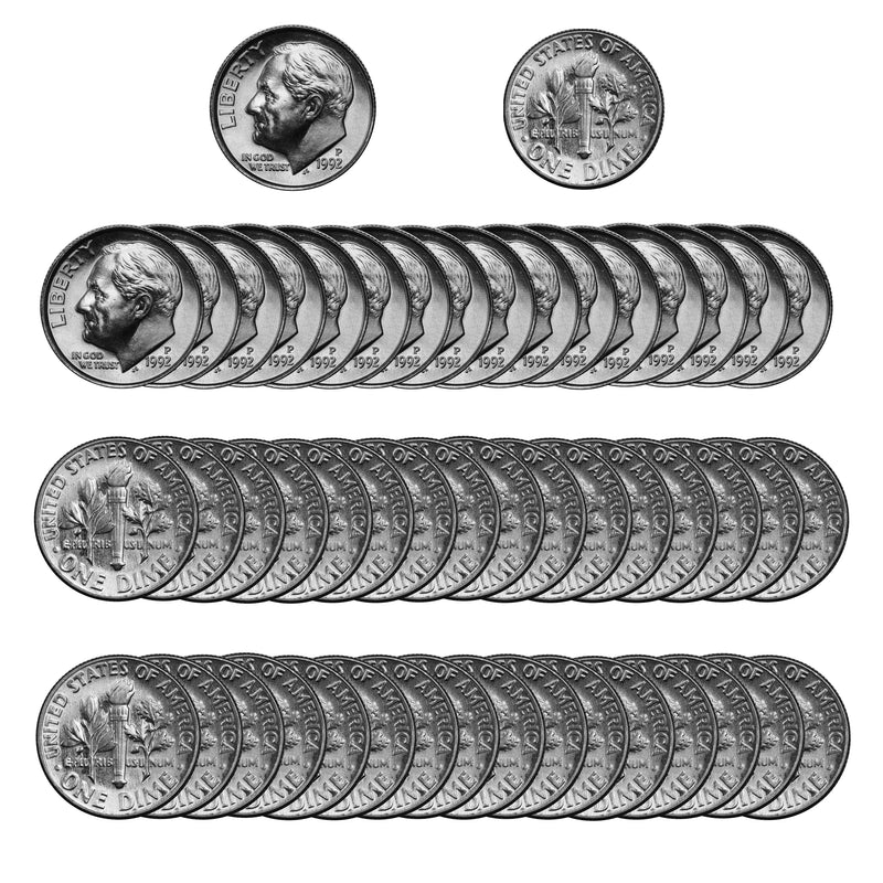 1992 -P Roosevelt Dime Roll BU Clad 50 US Coins