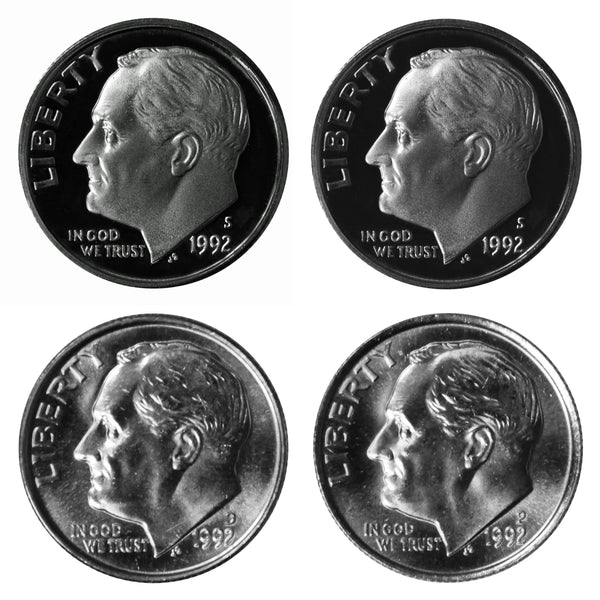 1992 P D S S Roosevelt Dime 10c Year set Proof & BU 4 Coin Set w/ Silver Dime