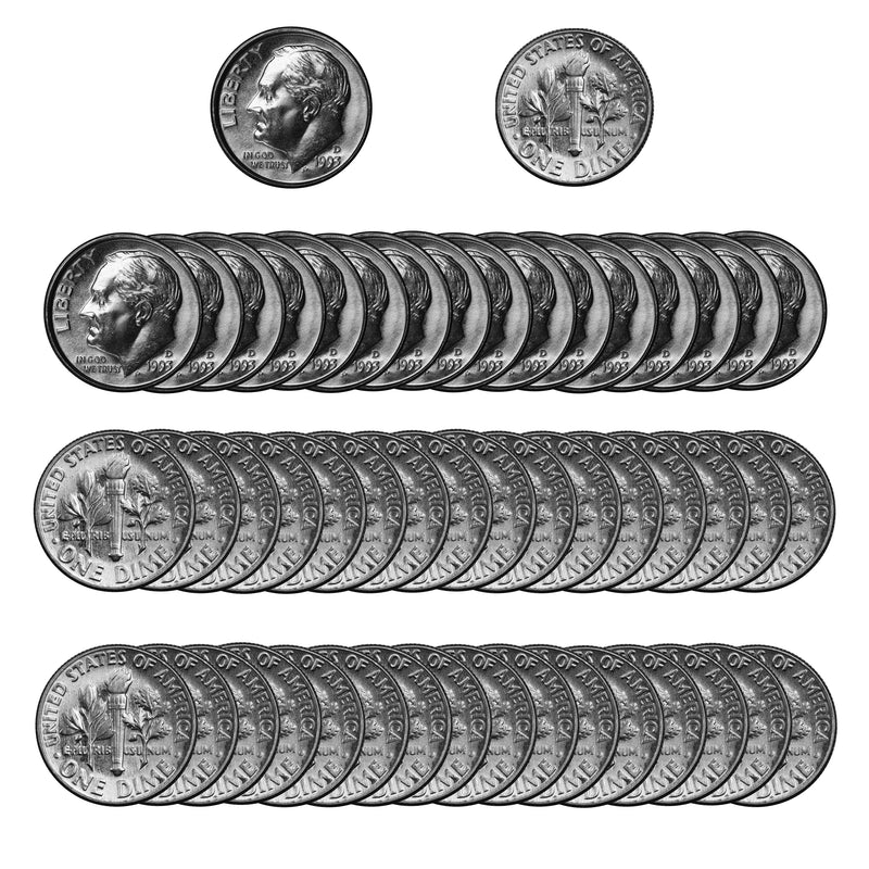1993 -D Roosevelt Dime Roll BU Clad 50 US Coins