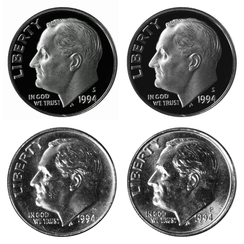 1994 P D S S Roosevelt Dime 10c Year set Proof & BU 4 Coin Set w/ Silver Dime