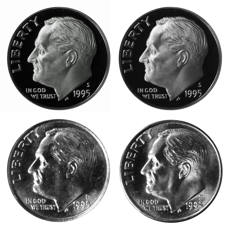 1995 P D S S Roosevelt Dime 10c Year set Proof & BU 4 Coin Set w/ Silver Dime