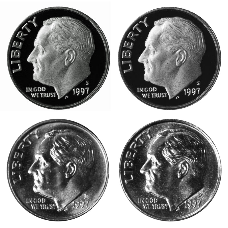 1997 P D S S Roosevelt Dime 10c Year set Proof & BU 4 Coin Set w/ Silver Dime