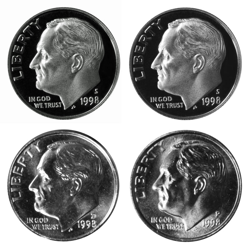 1998 P D S S Roosevelt Dime 10c Year set Proof & BU 4 Coin Set w/ Silver Dime
