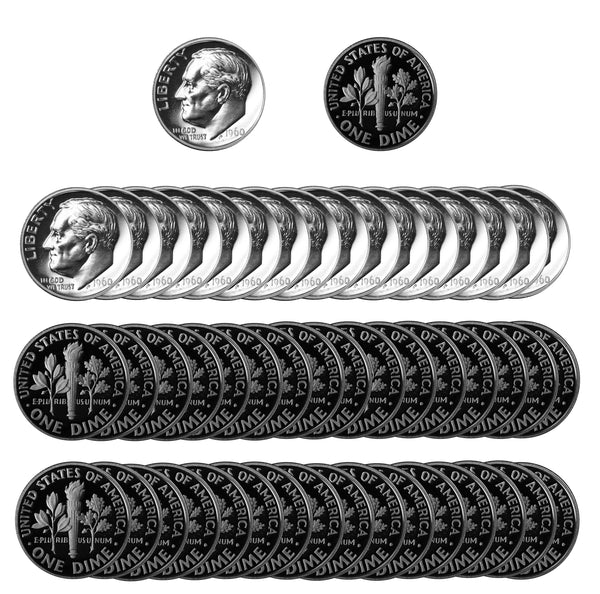 1960 Roosevelt Dime Gem Proof 90% Silver Roll (50 Coins)