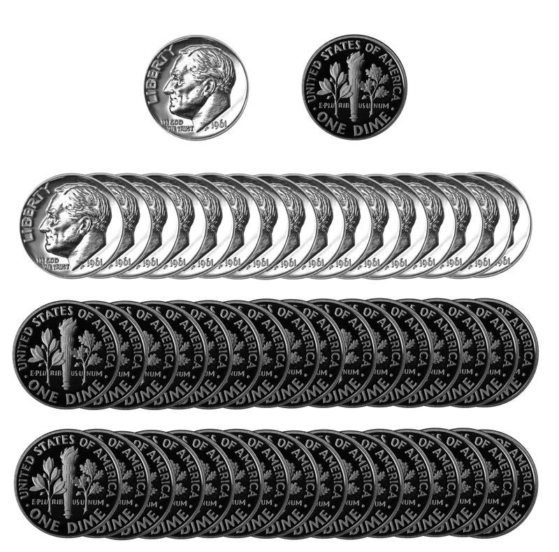 1961 Roosevelt Dime Gem Proof 90% Silver Roll (50 Coins)