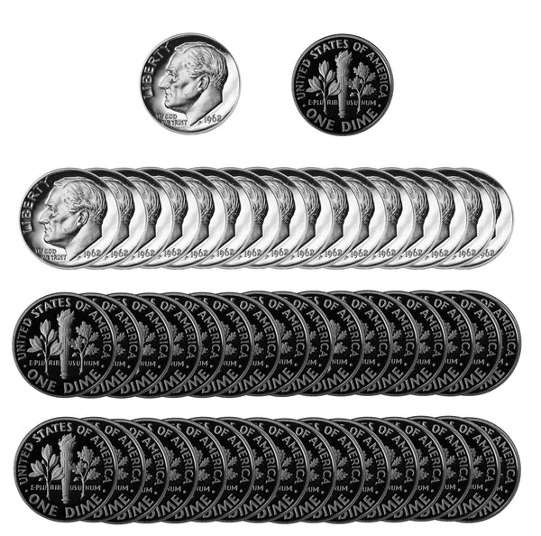 1962 Roosevelt Dime Gem Proof 90% Silver Roll (50 Coins)