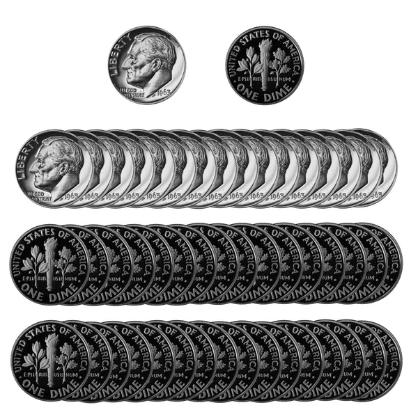1963 Roosevelt Dime Gem Proof 90% Silver Roll (50 Coins)