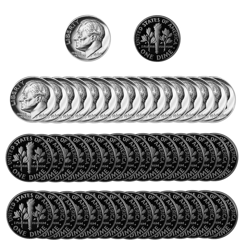 1964 Roosevelt Dime Gem Proof 90% Silver Roll (50 Coins)